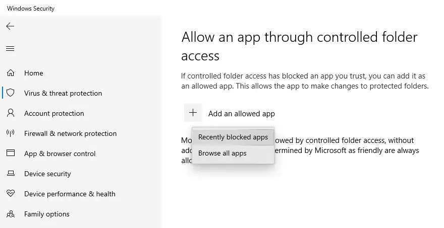 Windows 10 ランサムウェア保護 - 最近のアプリを選択